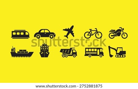Flat vector illustration of various transport modes including car, airplane, ship, train, bicycle, motorcycle, bus, truck, and excavator. Minimalist black icons isolated on yellow background. Perfect for logistics, travel, and construction design projects
