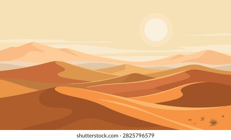 A flat vector illustration of a vast desert landscape with rolling sand dunes under a bright sun in a warm color palette.