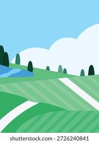 A flat vector illustration of a vast green meadow under a clear blue sky. Designed in a clean and modern style for use in website backgrounds, eco-friendly banners, and seasonal layouts.