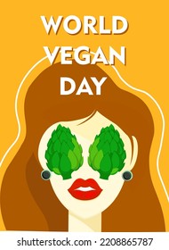 Flat vector illustration of a vegan poster with a cheerful woman for World Vegan Day. World Vegetarian Day for social media post, postcard, banner, greeting card.