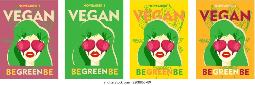 Ilustración vectorial plana de un afiche vegano con una mujer alegre para el Día Mundial del Vego. Día Mundial de la Vegetariana para publicación en medios sociales, postal, banner, tarjeta de saludo.