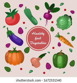 Flat vector illustration of vegetables on a light background with the inscription "healthy food vegetables" in the center of the artboard. It can be used for book publications, websites, Wallpapers.