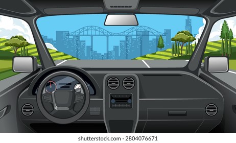 Flat vector illustration of vehicle dashboard looking out at bridge and urban skyline.