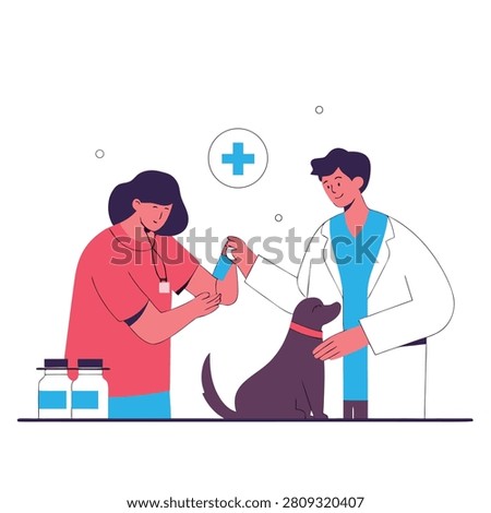 A flat vector illustration of a veterinarian and an assistant examining a dog in a clinic setting with medical supplies.