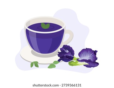 A flat vector illustration of vibrant blue butterfly pea tea in a glass cup, garnished with mint and fresh blossoms. Stock Illustration.