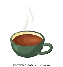 Flat vector illustration of a vibrant green cup with steaming hot coffee or tea. Evokes warmth, comfort, relaxation, morning routines, and cozy moments. Isolated on white background.