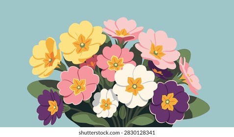 Flat vector illustration of a vibrant primrose bouquet with yellow, pink, white, and purple flowers, featuring green leaves and orange centers on a solid light blue background.
