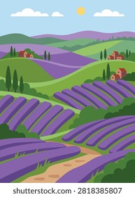 Flat vector illustration of vibrant purple lavender fields on rolling green hills with small houses under a sunny sky.