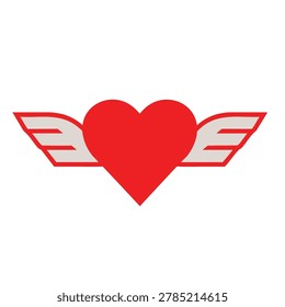 A flat vector illustration of a vibrant red heart centered between two stylized white wings with red outlines on a white background