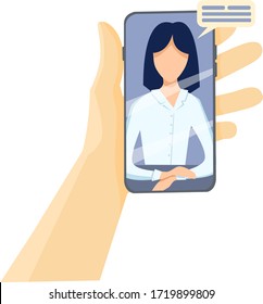 Flat vector illustration. Video call consultation, remote work, virtual manager, support service. A man holds a phone and makes a video call.