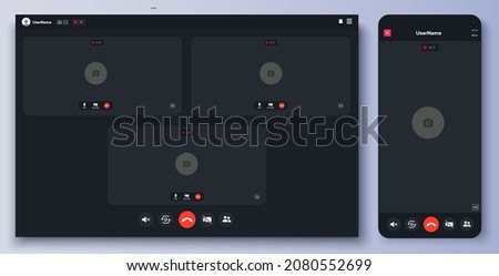Flat vector illustration of video conference app layout. Call screen template. Mockup Kit interface. Application for calls, online conference meeting. Communication windows for mobile app and desktop