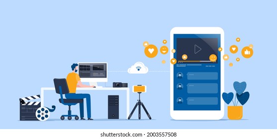 equipo de editor de vídeo de ilustración de vector plana trabajando y haciendo un clip de vídeo para la carga en línea y el trabajo compartido en nube con personas de grupo objetivo en el concepto de red social