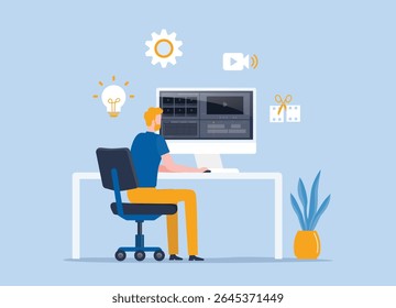 flat vector illustration video editor. people working with monitors. video clip maker. production process concept	
