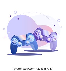 Flat vector illustration of video game controllers, joysticks or gamepad for game, disk and vr helmet on abstract background. Concept modern device, oculus controller for web banner, website and app