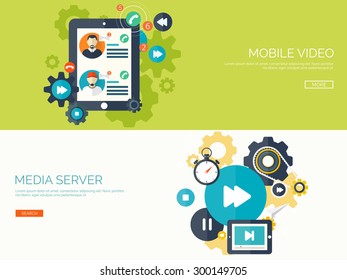 Flat Vector Illustration. Video Streaming Services. Media Server. Mobile Player Application. Web Multimedia Store.