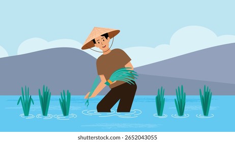 Flat vector illustration of a Vietnamese farmer planting rice in a flooded paddy field. A peaceful rural scene representing traditional agriculture and Southeast Asian countryside life.