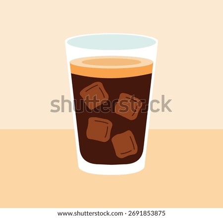 Flat vector illustration of Vietnamese iced coffee in a glass with ice cubes and condensed milk, simple minimalist design, refreshing cold beverage perfect for summer and coffee lovers.