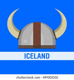 flat vector illustration of viking helmet with Icekand lattering. viking iceland helmet 