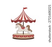 Flat vector illustration of a vintage carousel horse with striped canopy and flag,