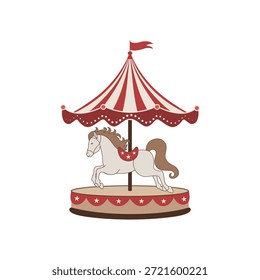 Flat vector illustration of a vintage carousel horse with striped canopy and flag,