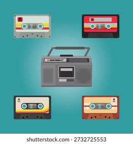 Ilustración vectorial plana de una grabadora de cassette vintage rodeada de cintas de audio de colores, que representan la música retro