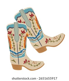 Ilustração vetor plana de botas de cowboy vintage com bordado ocidental floral em tons bege, azul e vermelho. Elemento de moda ocidental elegante para design, impressão ou decoração com tema de país