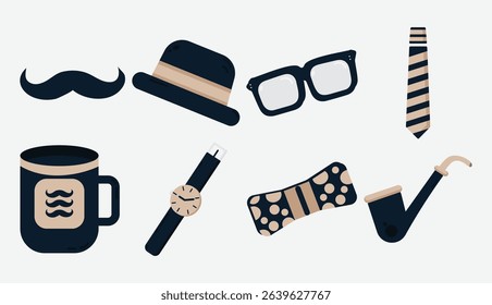 Flat vector illustration of vintage gentleman accessories including hat, pipe, bow tie, mustache, and watch