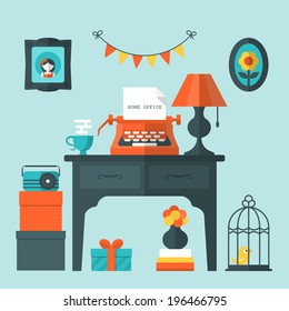 Flat vector illustration of vintage home office and workplace