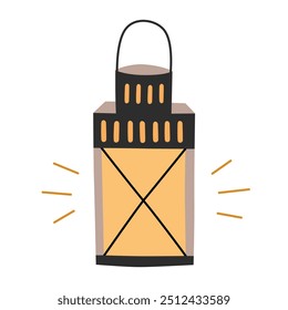 Flat vector illustration of vintage lantern with warm yellow glow in simple and cartoon style. Symbol of light and guidance, gardening equipment, ideal for garden decor, camping, festivals designs