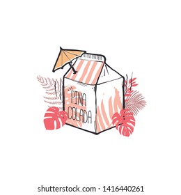 Flat vector illustration - Vintage pina colada pack, isolated, tropical leaves