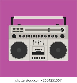 Flat vector illustration of a vintage retro boombox stereo cassette player with a bright pink background. Classic audio equipment design with speakers, cassette tape, and various buttons and sliders, 