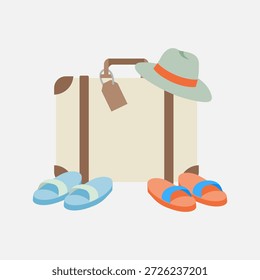Ilustração vetor plana de uma mala vintage com um chapéu de verão e dois pares de sandálias. Tema de viagem e embalagem.