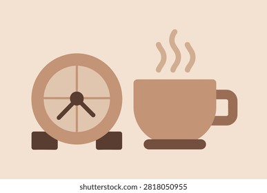Flat vector illustration of a vintage table alarm clock next to a steaming hot coffee cup in warm brown tones.