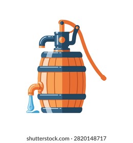 Flat vector illustration of a vintage wooden barrel with a manual water pump and a pouring faucet.