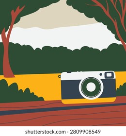 A flat vector illustration of a vintage-style camera resting on a wooden surface in front of a scenic forest landscape.