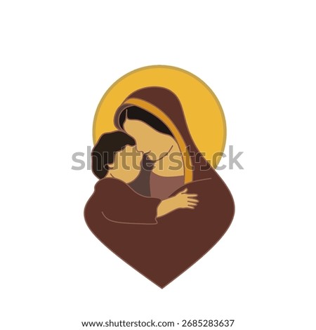 Flat vector illustration of the Virgin mother Mary embracing baby Jesus in a warm golden circle background. Perfect for religious designs, mother's day, Christmas, spirituality, and Mother’s Day theme