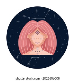 Flat vector illustration of virgo zodiac sign with stars and constellation