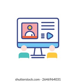 Flat vector illustration of a virtual online meeting with two participants viewing a computer screen. Bold color scheme on a White Background.