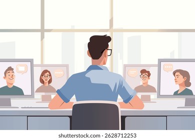 Flat vector illustration of a virtual team video conference with a diverse group of professionals communicating via online meeting platform, collaborative project discussion