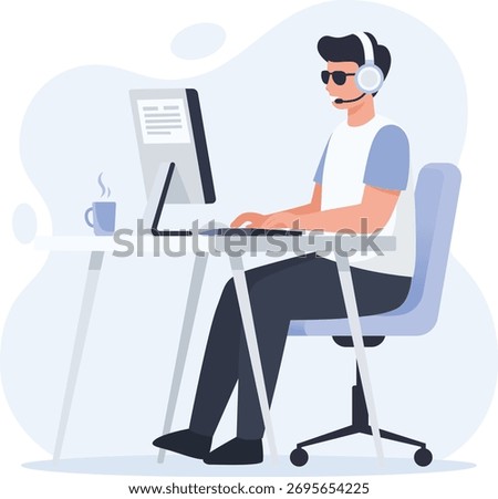 Flat vector illustration of a visually impaired man using a computer with a screen reader and headset, symbolizing digital accessibility, inclusion, and assistive technology in the workplace.