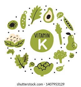 Flat vector illustration of Vitamin K rich foods. Green vegetables. Round composition.