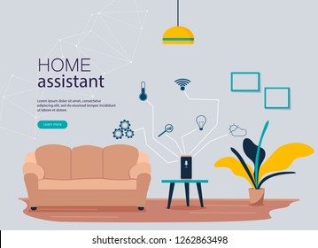 Flat Vector Illustration Of Voice Command Device With Virtual Assistant. Smart Speaker In The Home Interior With Text Place. Automation System For House.