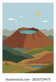 A flat vector illustration of a volcanic crater lake surrounded by rolling hills, a small pond, and a clear sky with a sun.