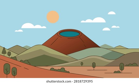 A flat vector illustration of a volcanic mountain landscape with a crater lake under a sunny sky with clouds.