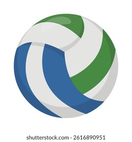 Flat vector illustration of a volleyball with blue and green curved panels. Clean and vibrant design, ideal for sports graphics and web icons.