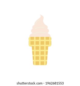Flat vector illustration of waffle cone or cup with soft serve vanilla ice cream or gelato in pastel colors. Isolated on white background.