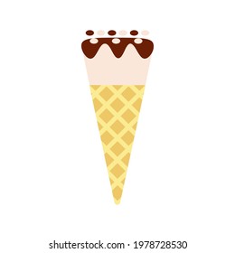 Flat vector illustration of waffle cone with vanilla ice cream or gelato with peanuts. Isolated on white background.
