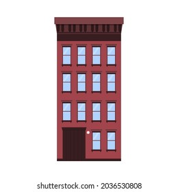 Flat vector illustration of walk-up residential apartment building, brick house. Isolated on white background.