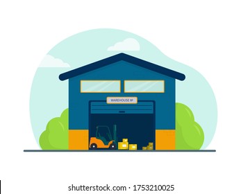 Flat vector illustration: warehouse. Forklift with boxes.