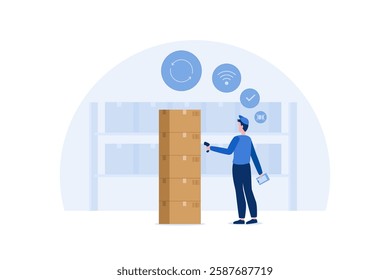 Flat vector illustration of warehouse staff managing inventory using handheld digital scanners.